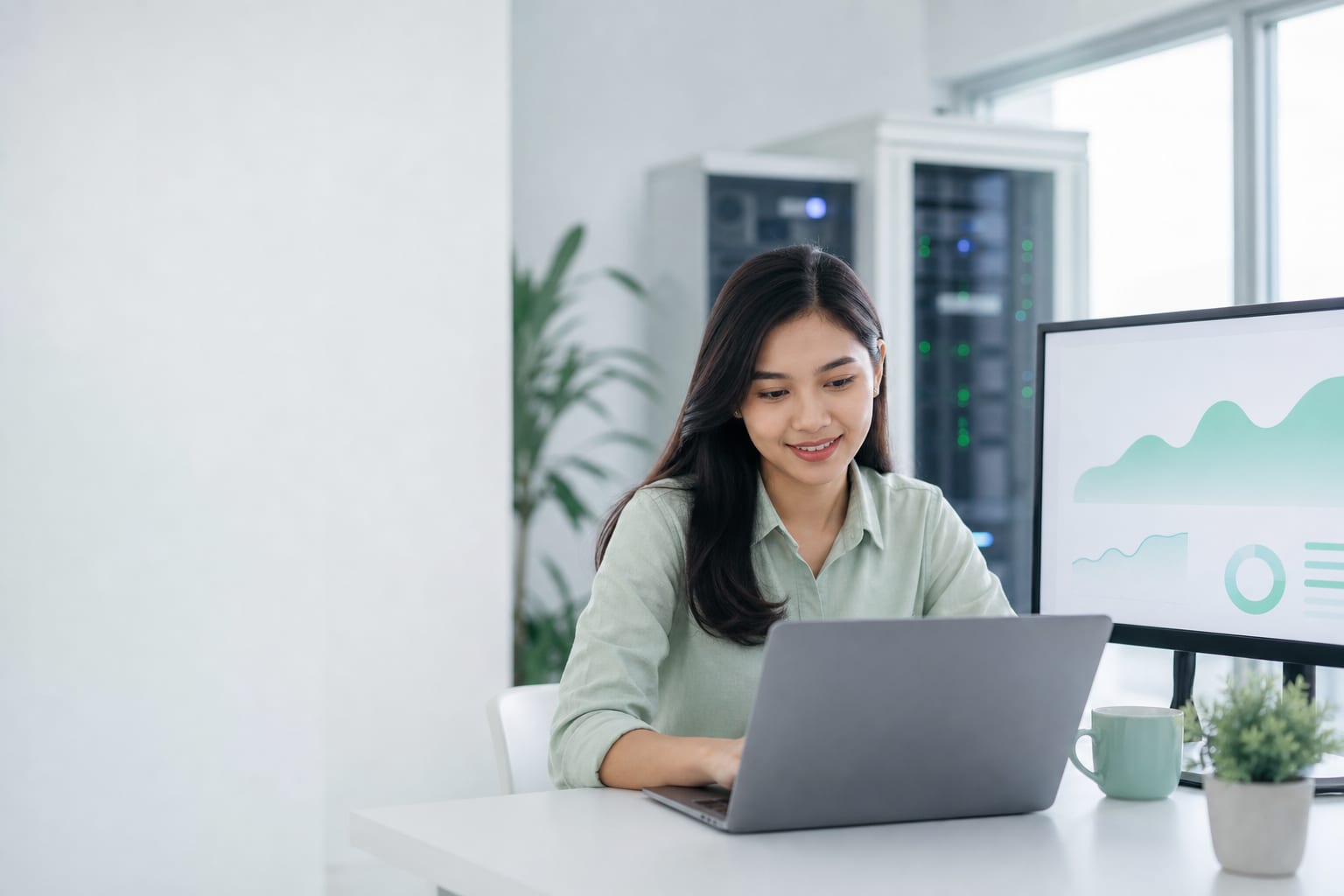 A young Indonesian marketer monitoring referral growth on a modern workstation dashboard