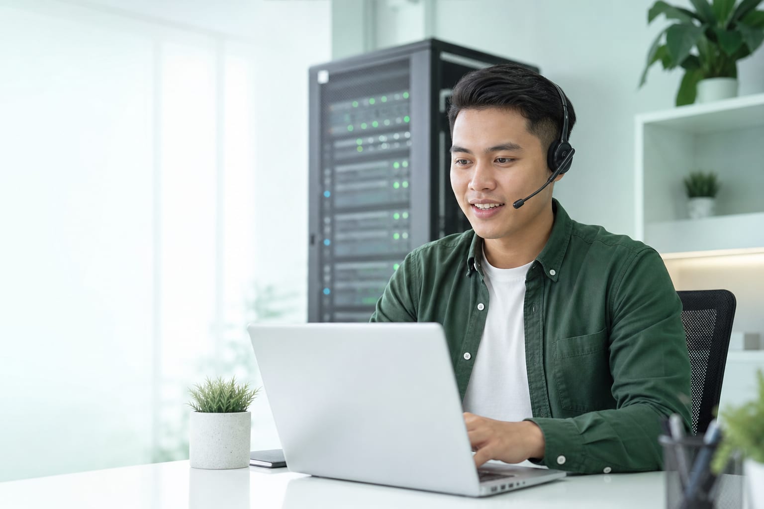 Konsultan support muda Indonesia membantu pelanggan dari workspace teknologi modern