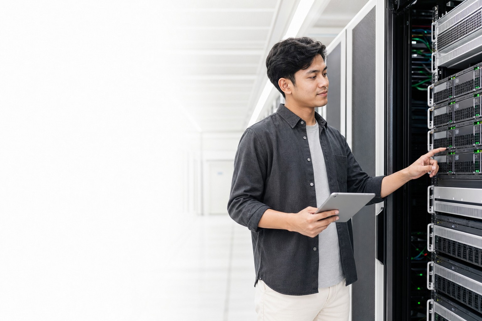 A young Indonesian technician managing a physical server configuration in a modern data center