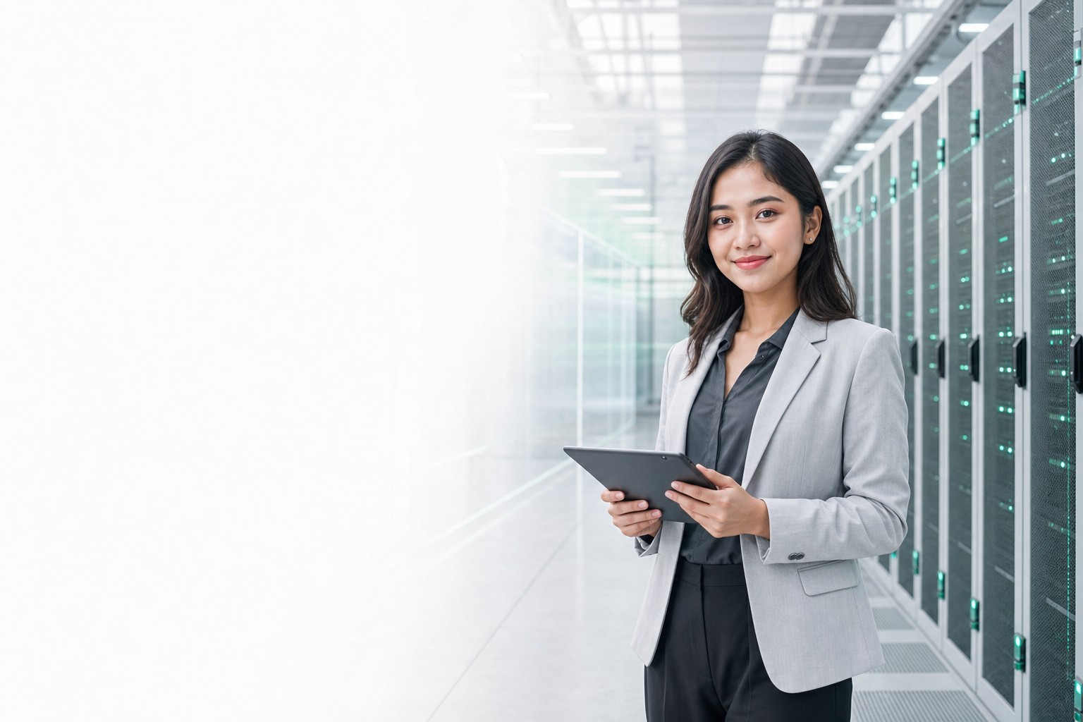A young Indonesian operator monitoring enterprise server racks with global connectivity