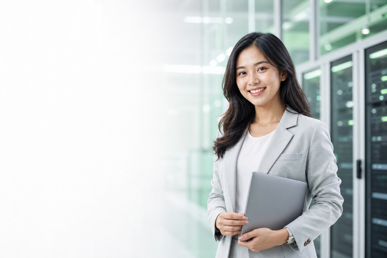 A young Indonesian cloud professional holding a laptop in a premium server workspace