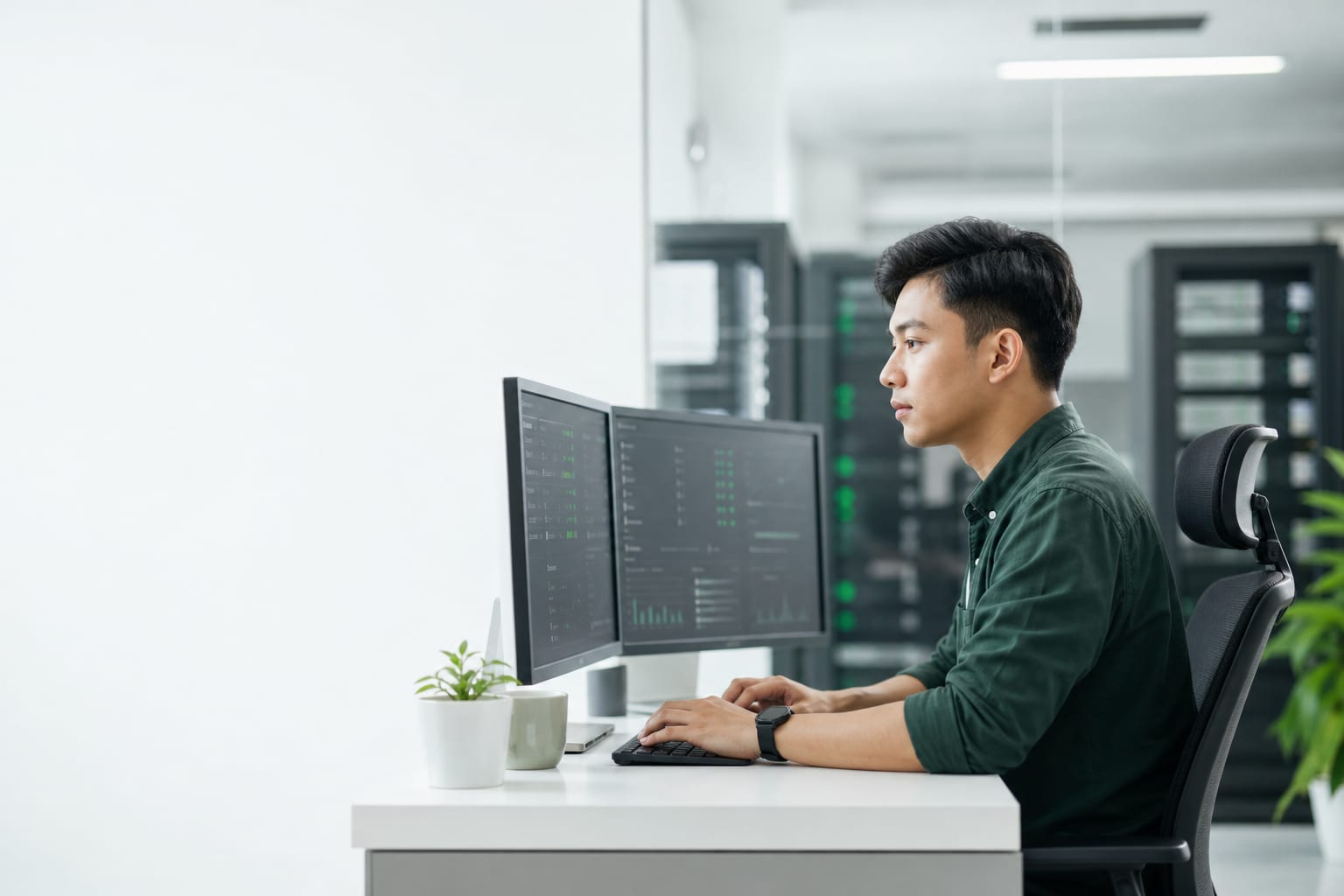 Operator muda Indonesia memantau status layanan dari workstation operasional